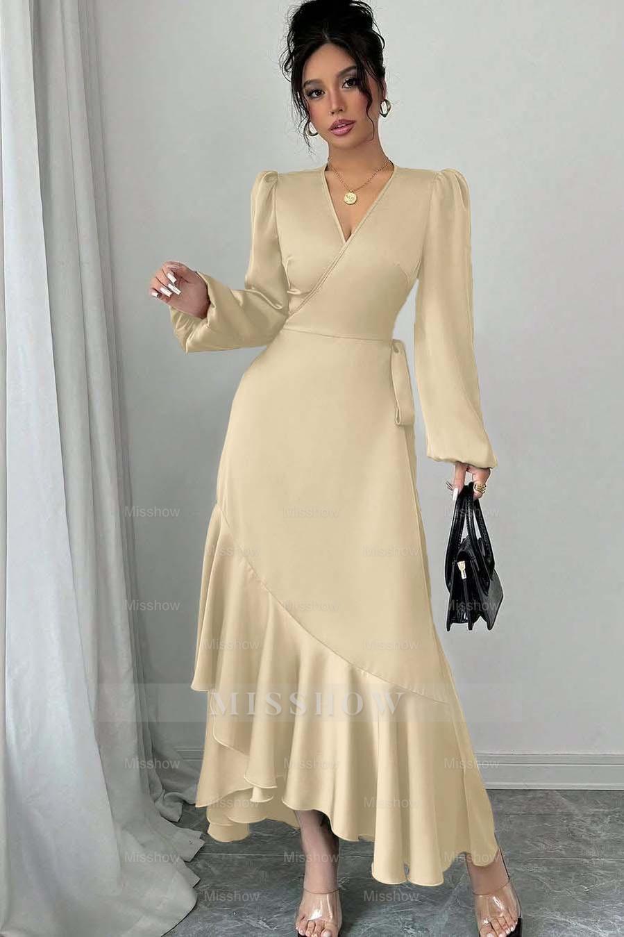 Sage Green Long Sleeve V Neck Fit and Flare Satin Midi Formal Dress With Ruffles