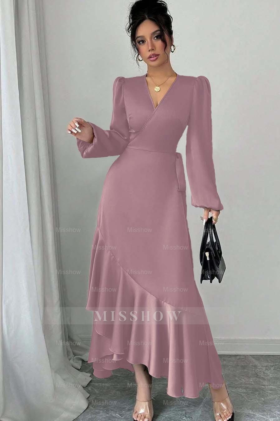 Sage Green Long Sleeve V Neck Fit and Flare Satin Midi Formal Dress With Ruffles