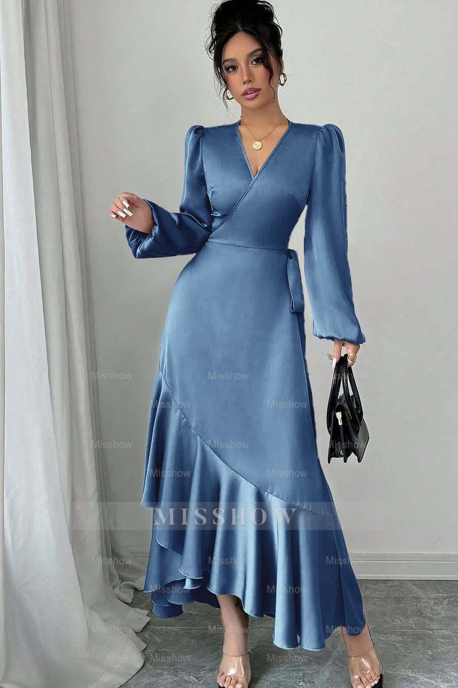 Sage Green Long Sleeve V Neck Fit and Flare Satin Midi Formal Dress With Ruffles