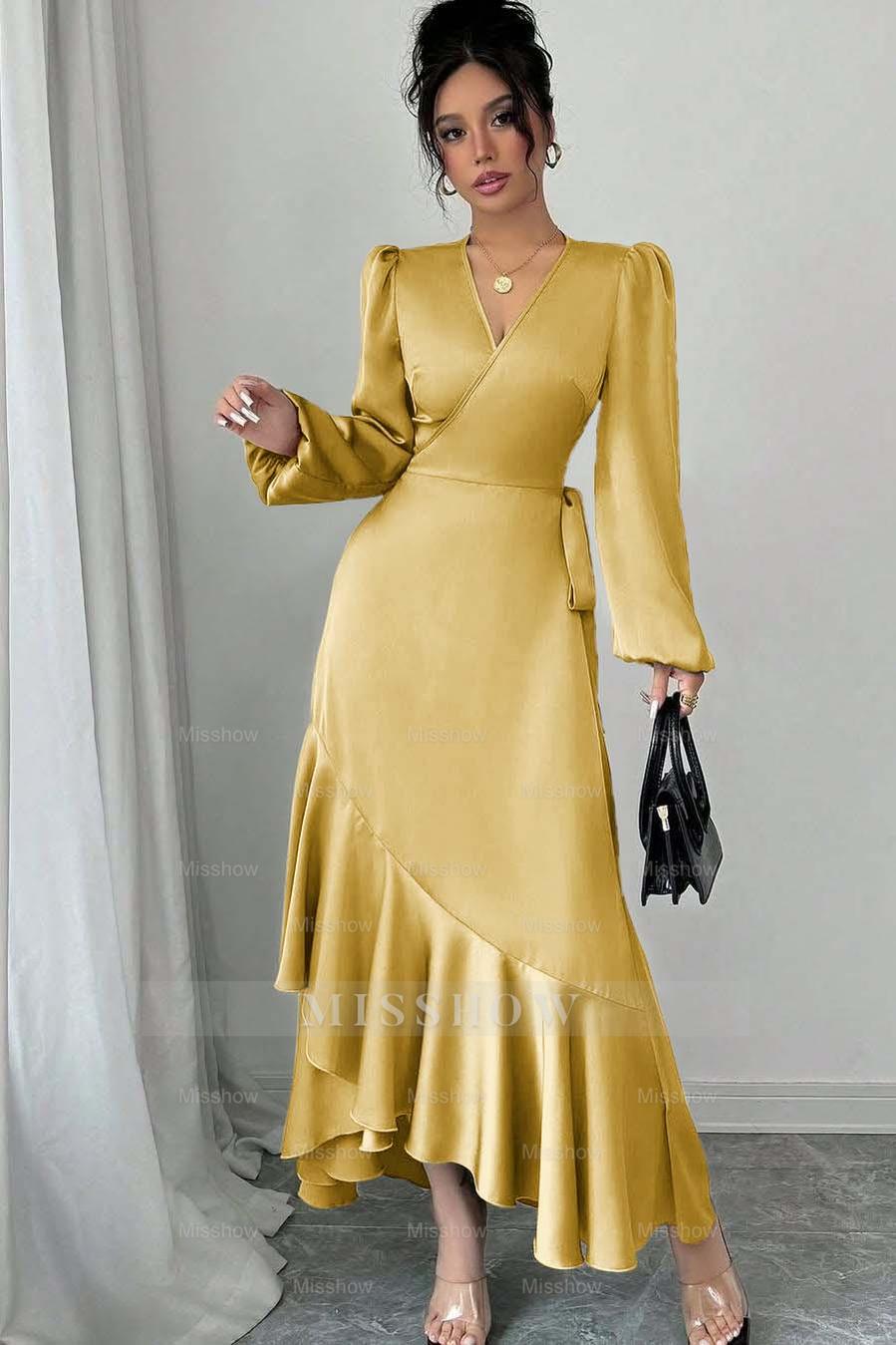 Sage Green Long Sleeve V Neck Fit and Flare Satin Midi Formal Dress With Ruffles