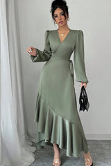 Sage Green Long Sleeve V Neck Fit and Flare Satin Midi Formal Dress With Ruffles
