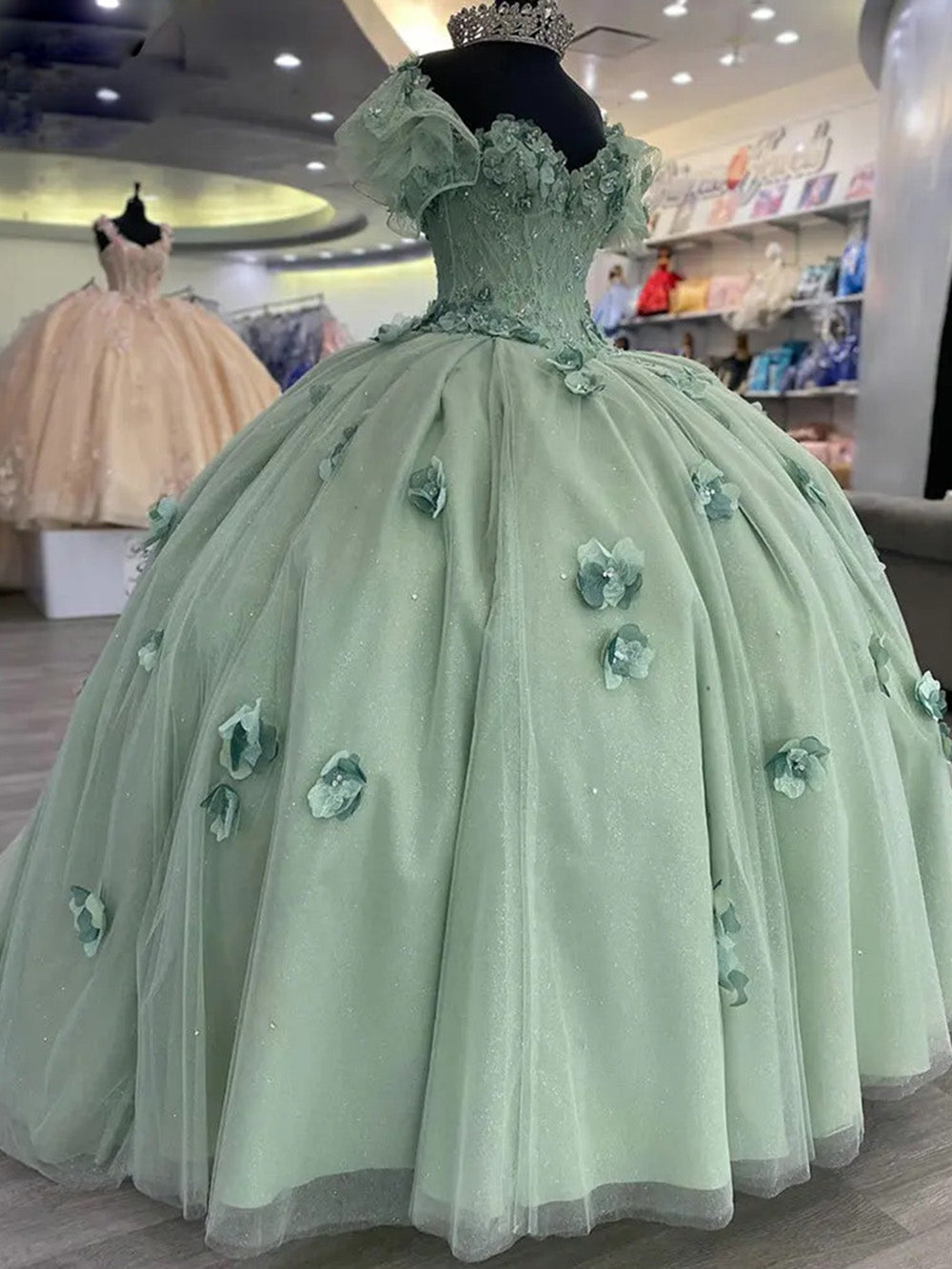 Sage Green Off-Shoulder Sleeveless 3D Floral Applique Corset Ball Gown Quinceanera Dress
