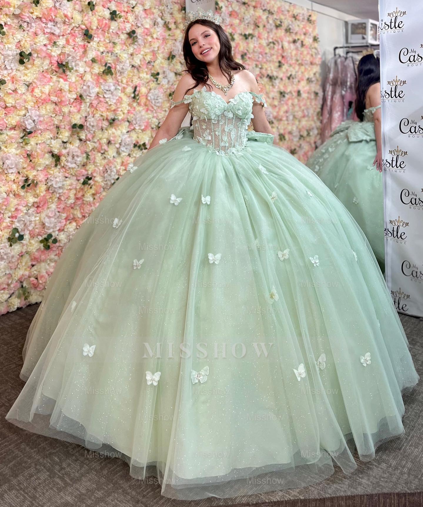 Sage Green Off-Shoulder Sleeveless Butterfly Applique Ball Gown Quinceanera Dress
