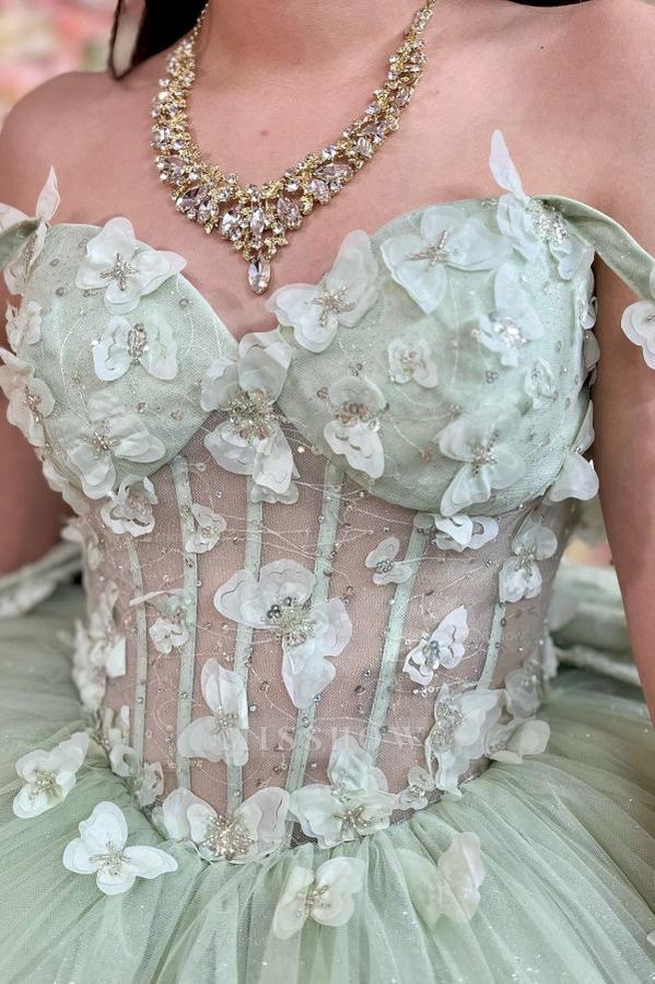 Sage Green Off-Shoulder Sleeveless Butterfly Applique Ball Gown Quinceanera Dress