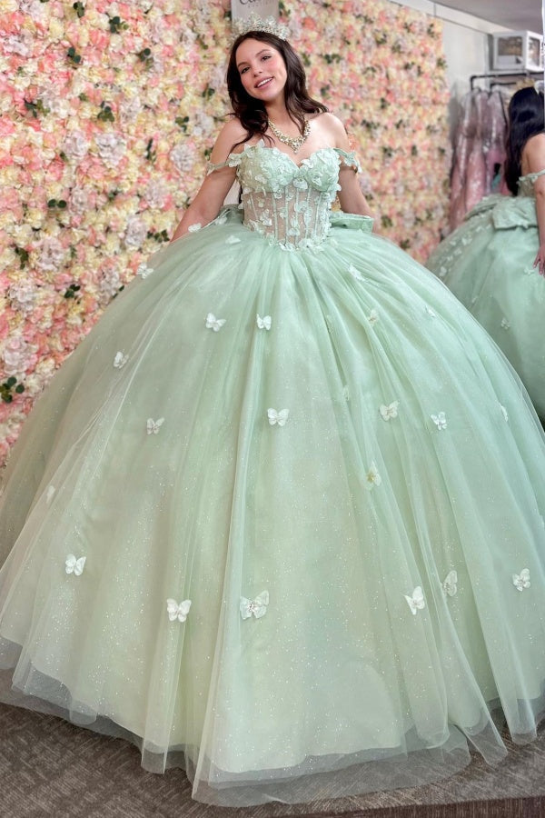 Sage Green Off-Shoulder Sleeveless Butterfly Applique Ball Gown Quinceanera Dress