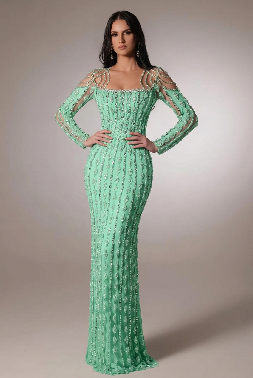 Mint green scoop beaded bodycon evening dress