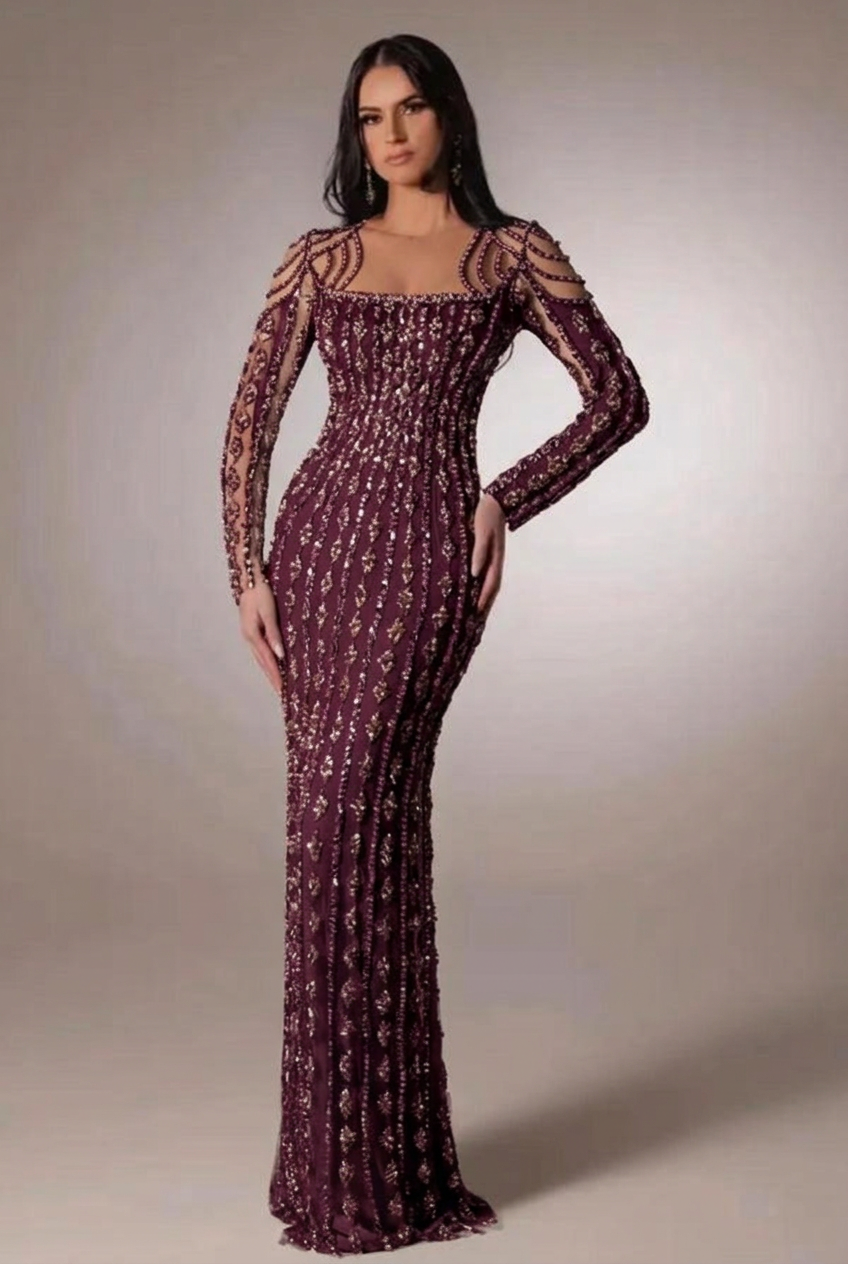 Grape scoop beaded bodycon evening dress