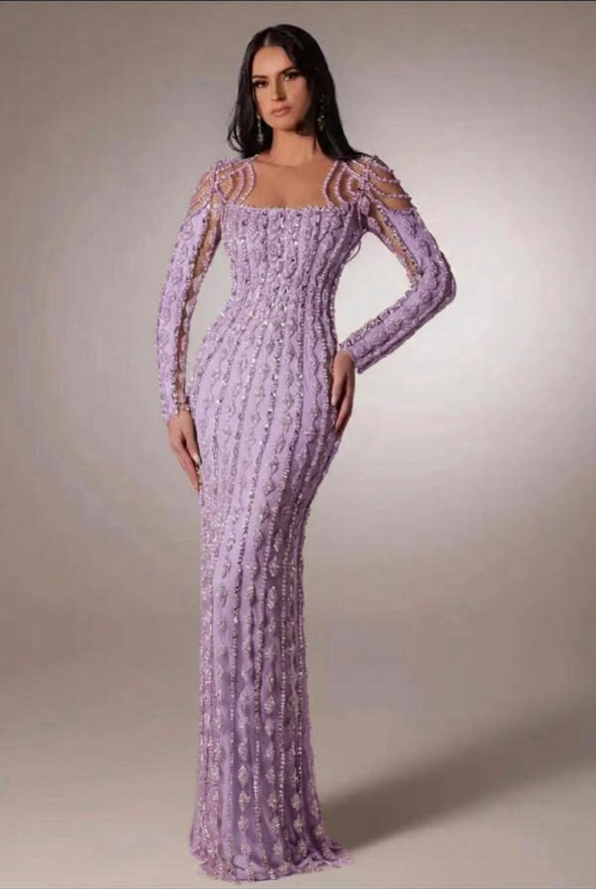 Lavender scoop beaded bodycon evening dress