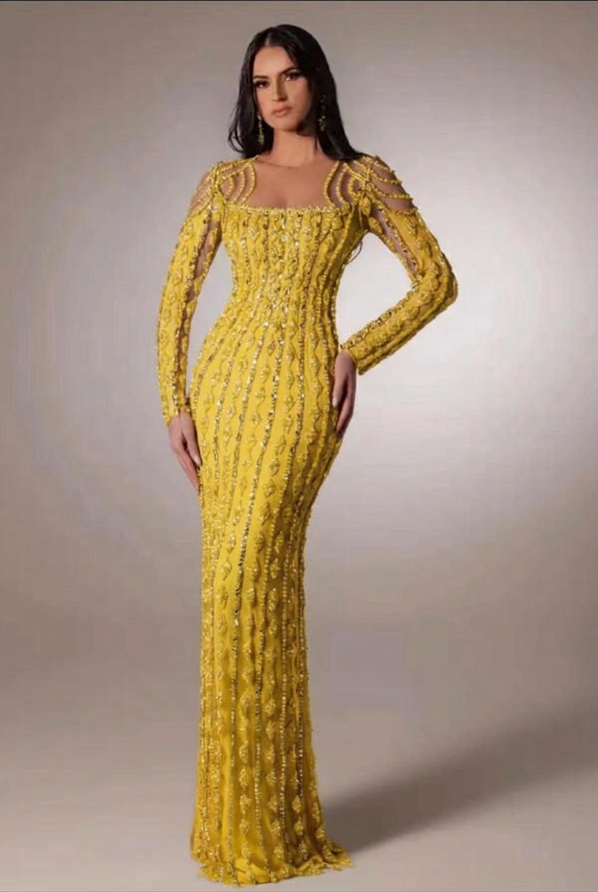 Yellow scoop beaded bodycon evening dress