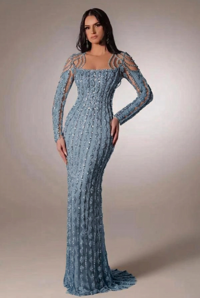 Dusty blue scoop beaded bodycon evening dress