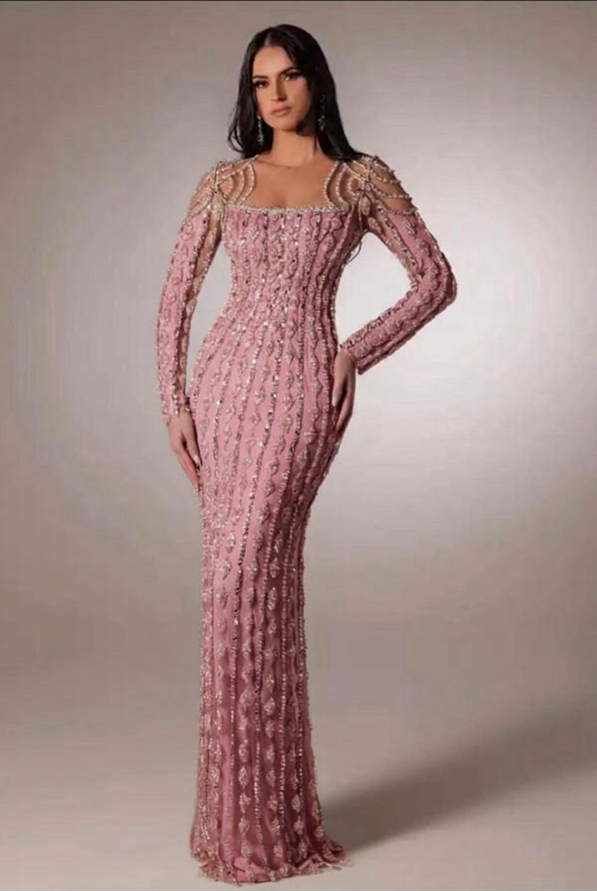 Candy pink scoop beaded bodycon evening dress