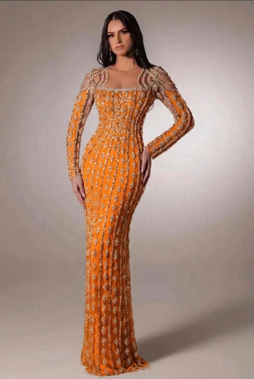 Orange scoop beaded bodycon evening dress