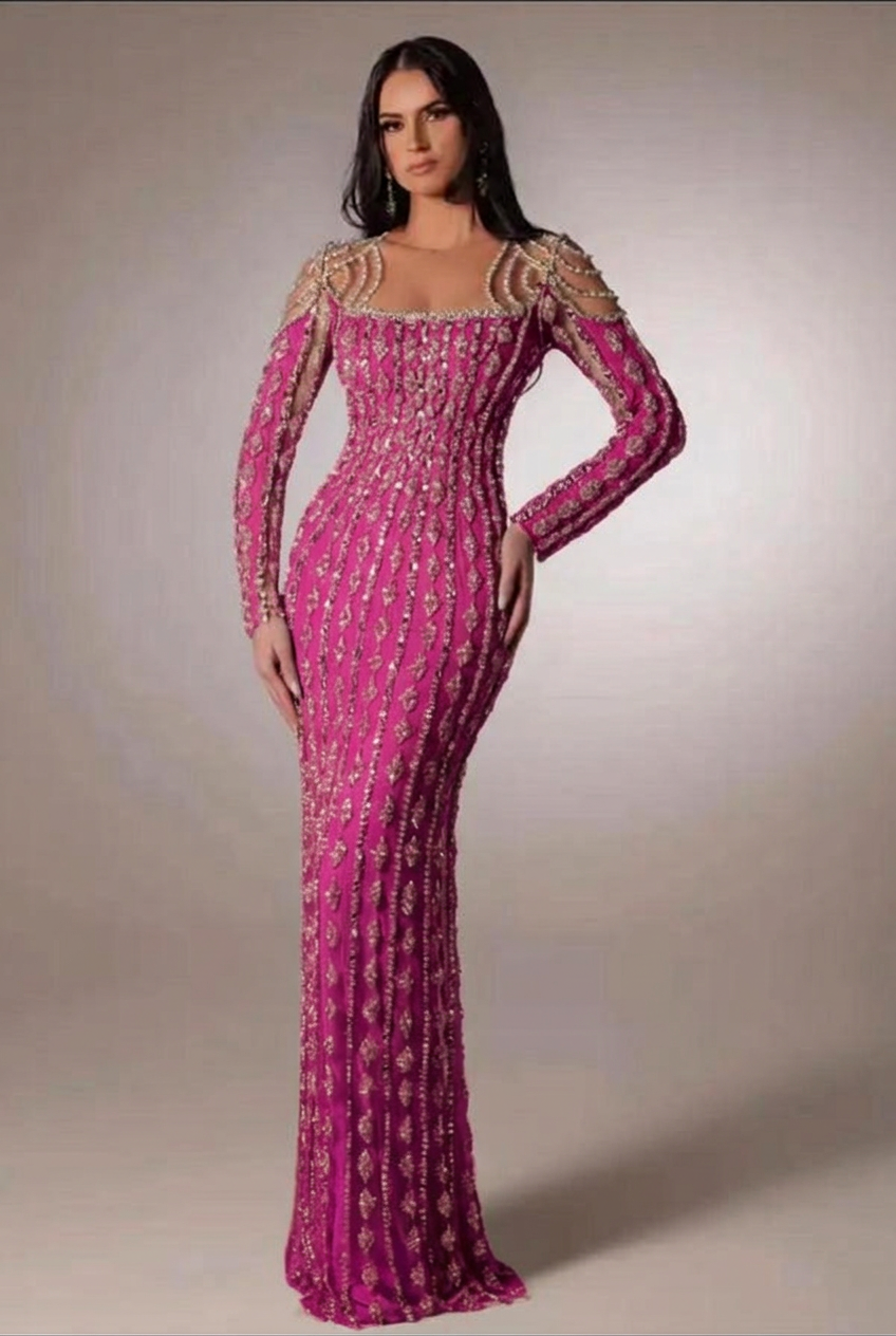 Fuchsia scoop beaded bodycon evening dress