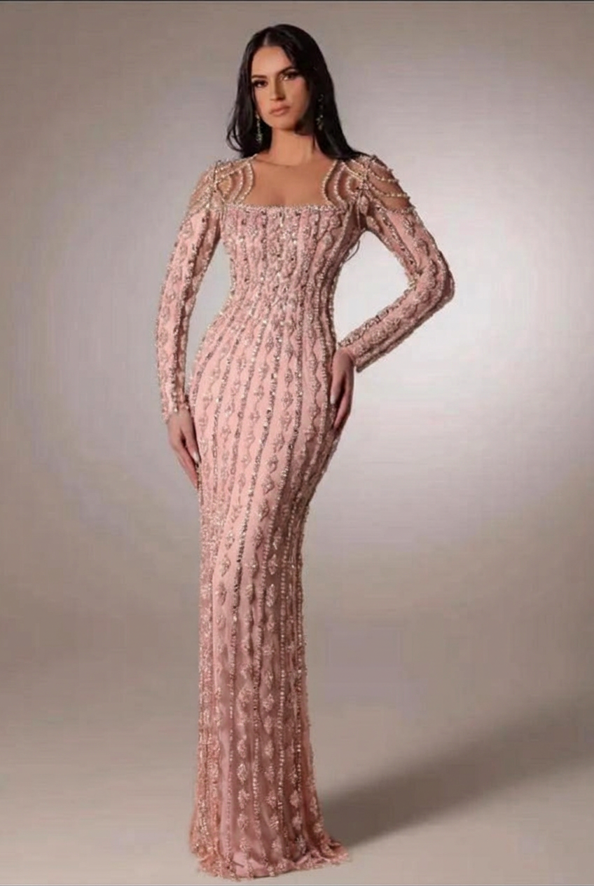 Blushing pink scoop beaded bodycon evening dress