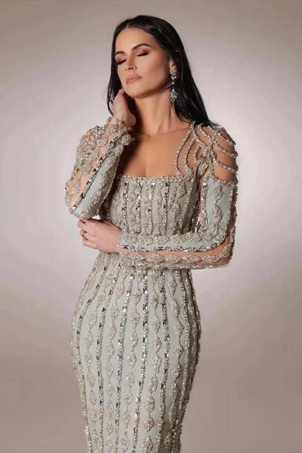 Sage Green Rhinestone Scoop Long Sleeve Beaded Sequined Bodycon Floor Length Evening Gown