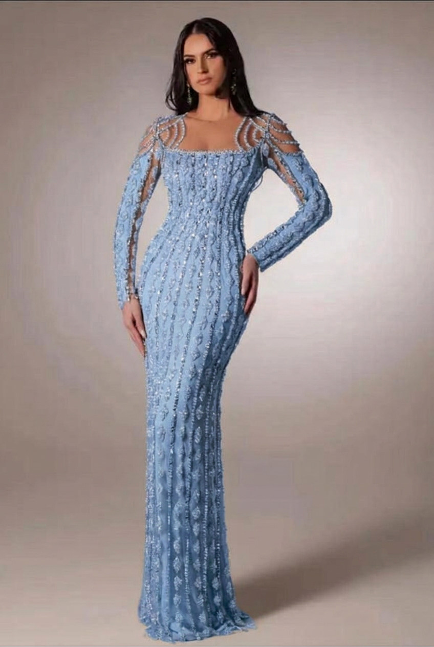 Light blue scoop beaded bodycon evening dress