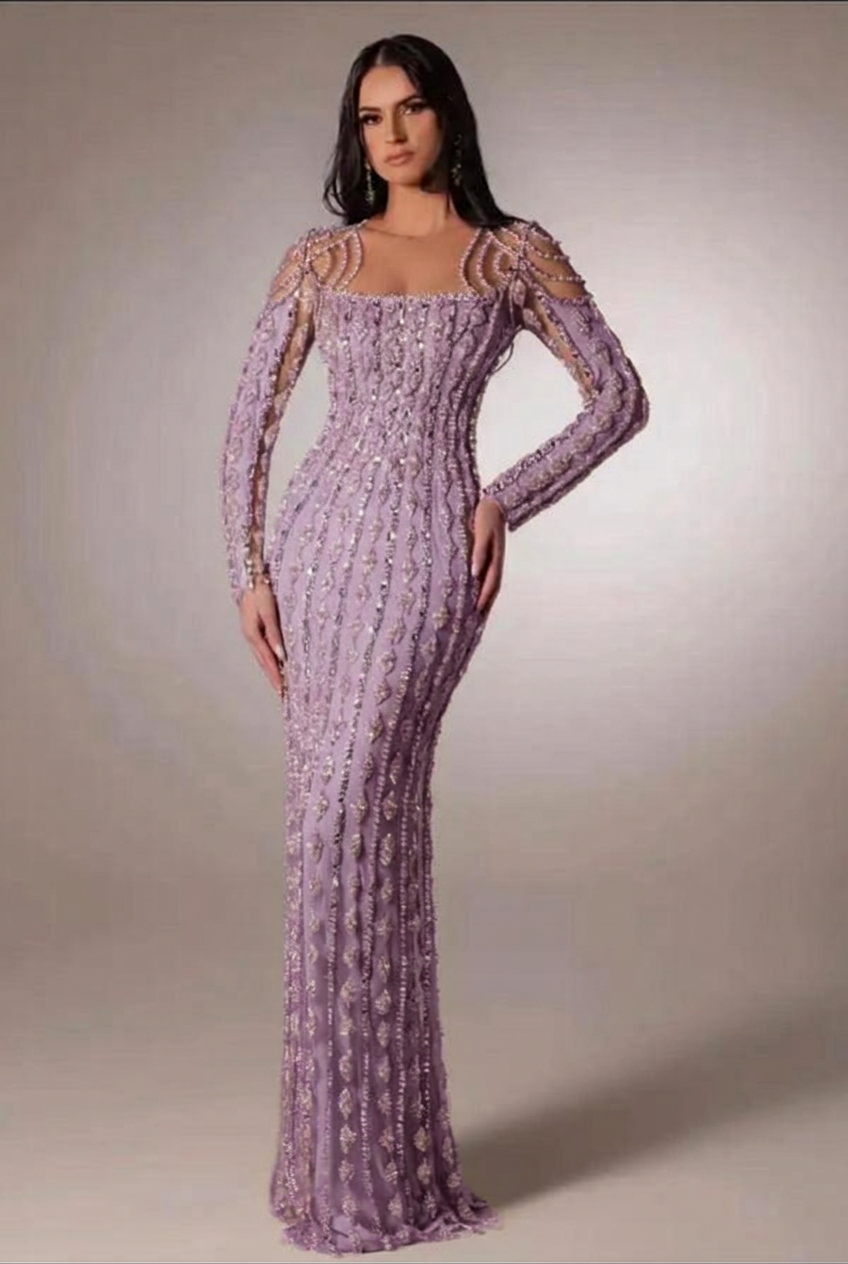 Lilac scoop beaded bodycon evening dress