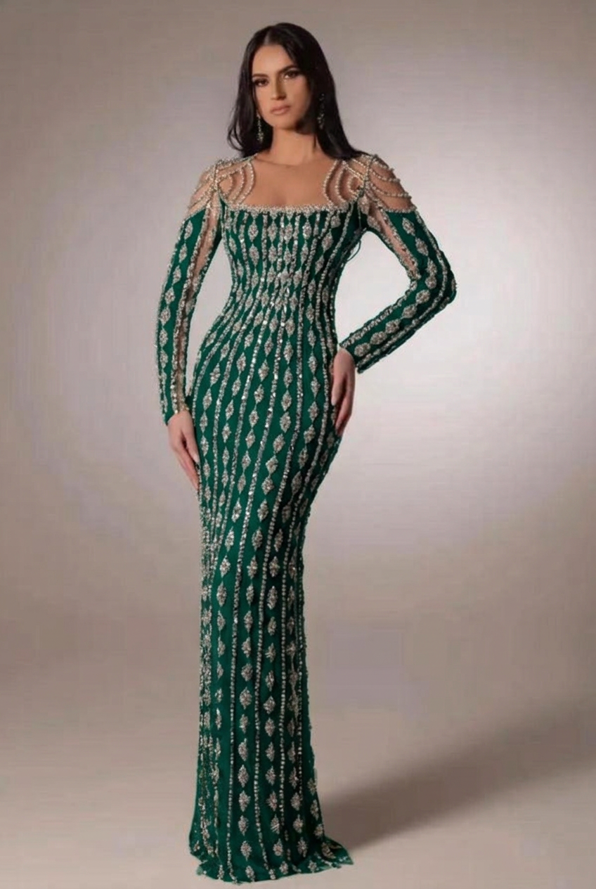 Dark green scoop beaded bodycon evening dress