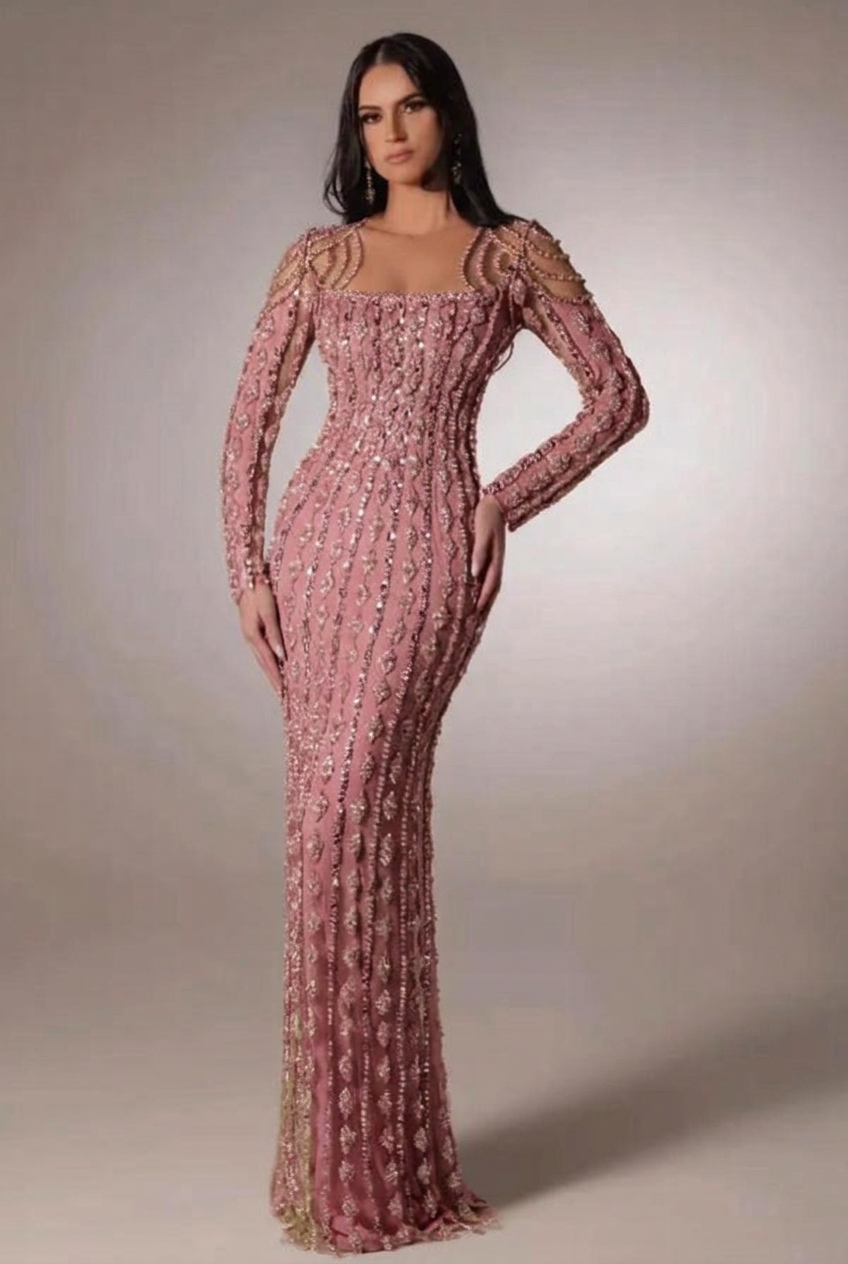 Dusty rose scoop beaded bodycon evening dress
