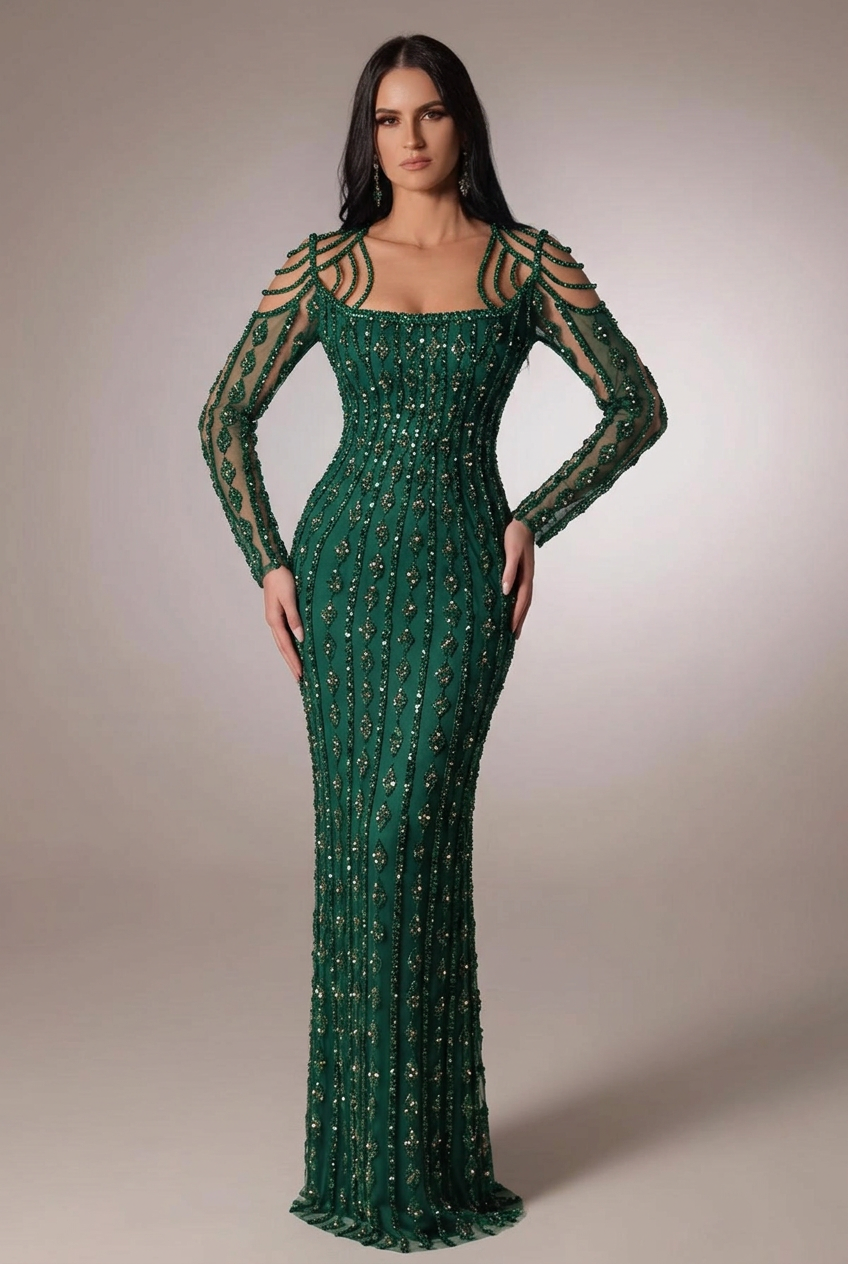 Emerald green scoop beaded bodycon evening dress