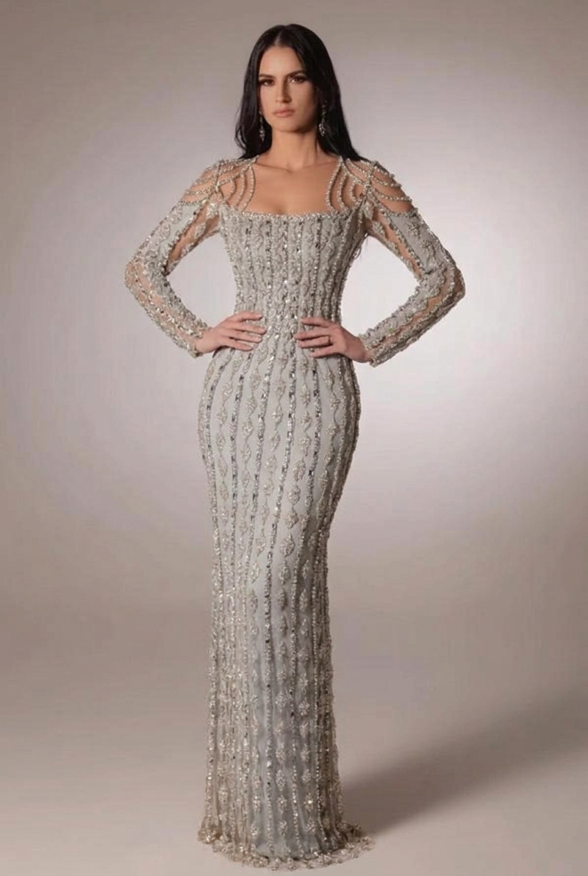 Silver scoop beaded bodycon evening dress