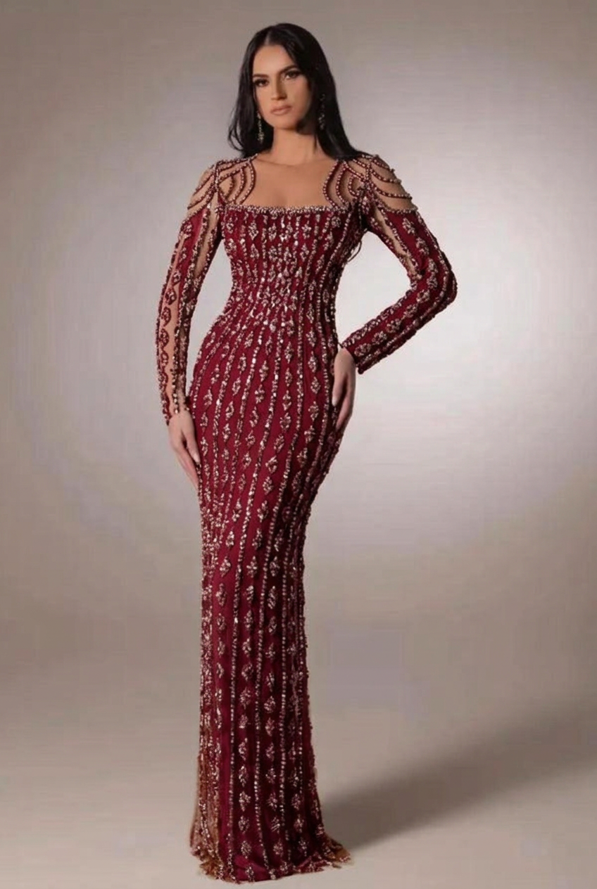 Burgundy scoop beaded bodycon evening dress
