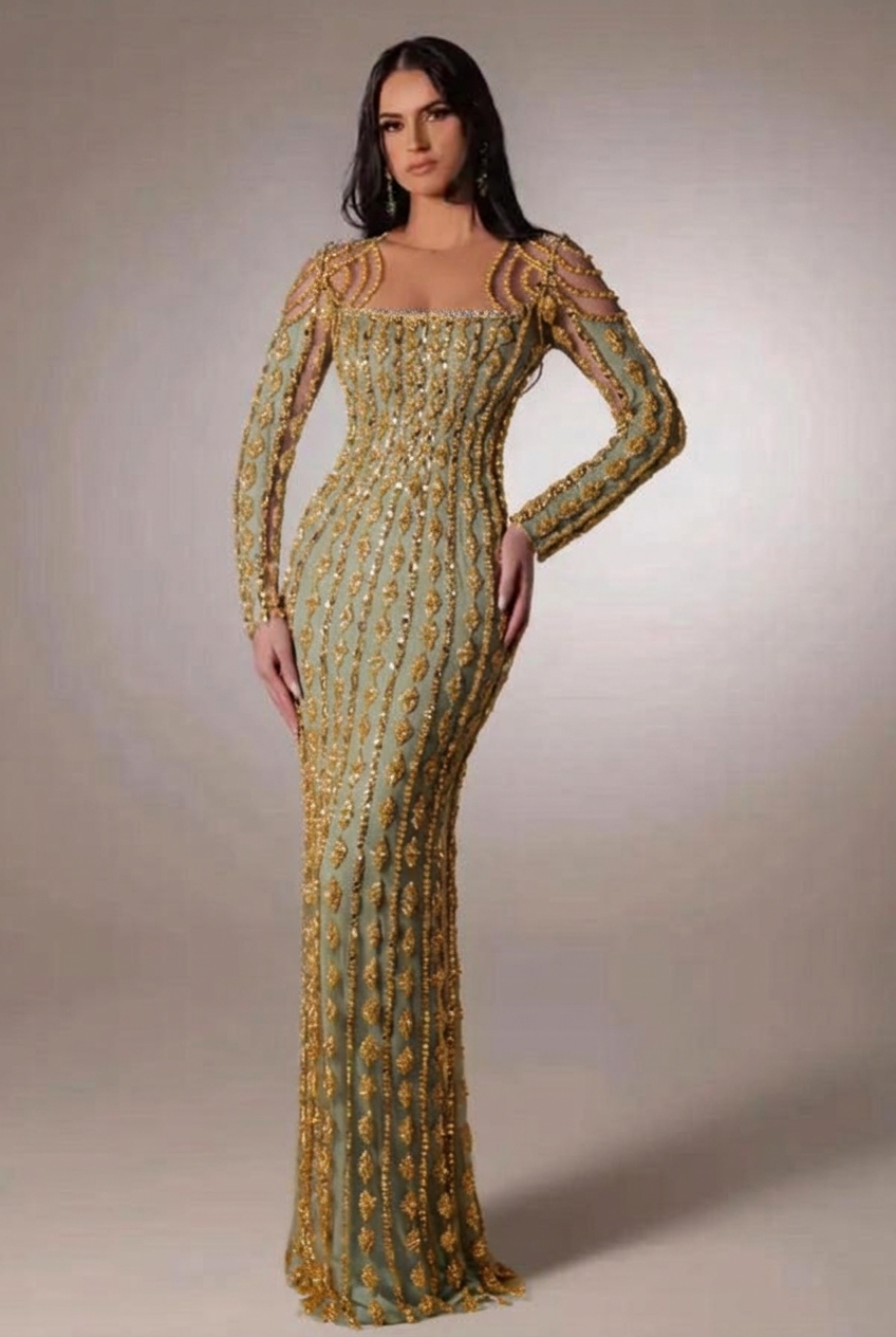 Gold scoop beaded bodycon evening dress
