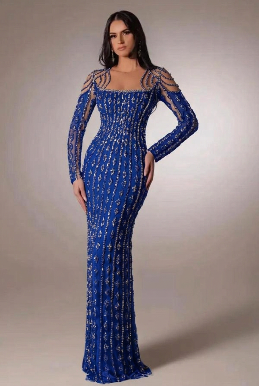 Royal blue scoop beaded bodycon evening dress