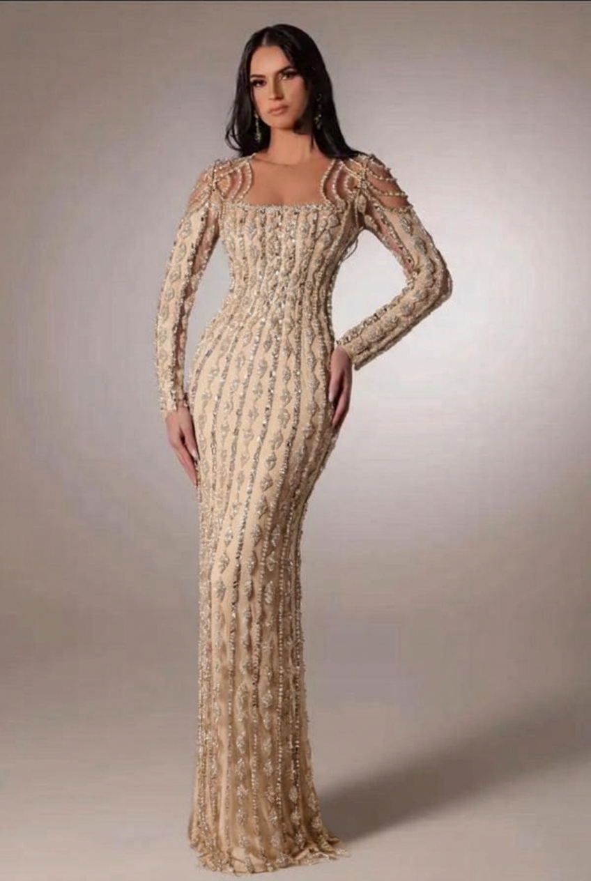 Champagne scoop beaded bodycon evening dress
