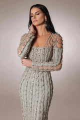 Sage Green Rhinestone Scoop Long Sleeve Beaded Sequined Bodycon Floor Length Evening Gown