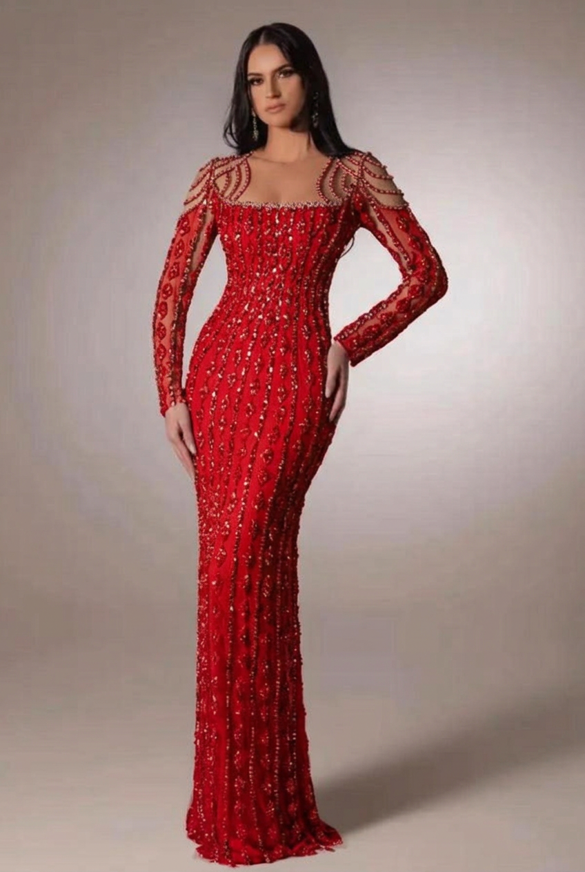Red scoop beaded bodycon evening dress