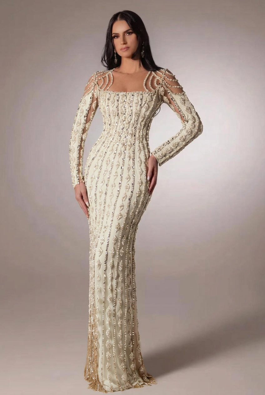 Ivory scoop beaded bodycon evening dress