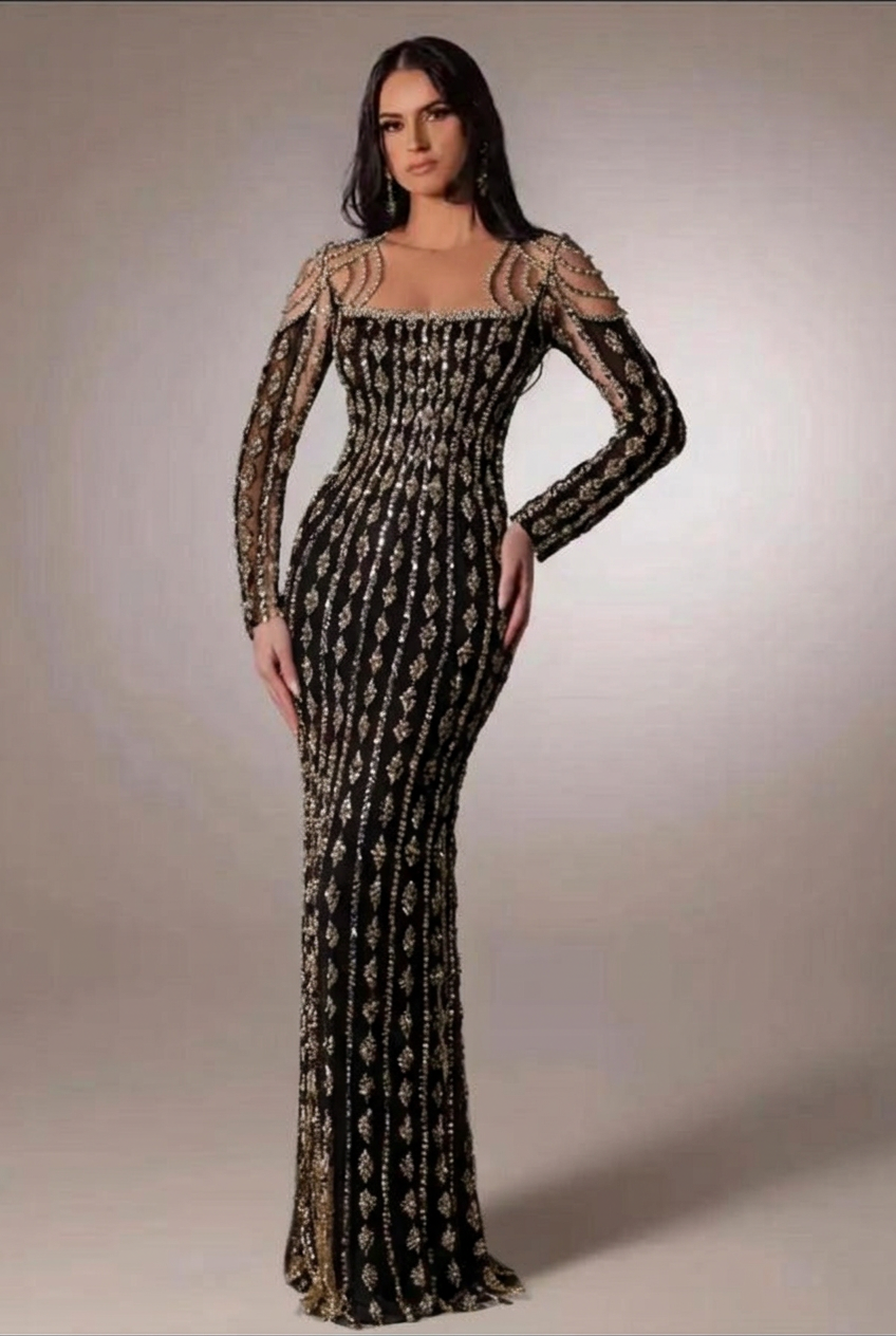 Black scoop beaded bodycon evening dress