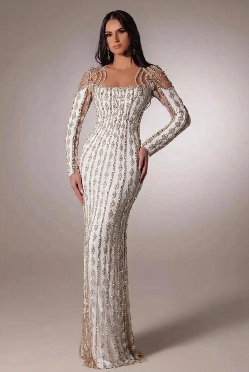 White scoop beaded bodycon evening dress