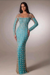Turquoise scoop beaded bodycon evening dress