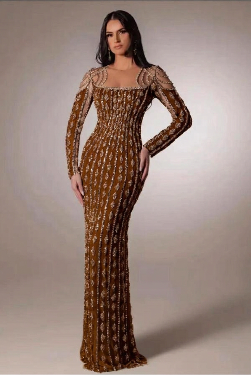 Chocolate scoop beaded bodycon evening dress