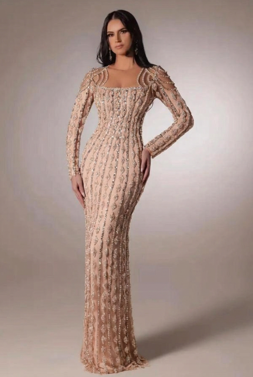 Pearl pink scoop beaded bodycon evening dress