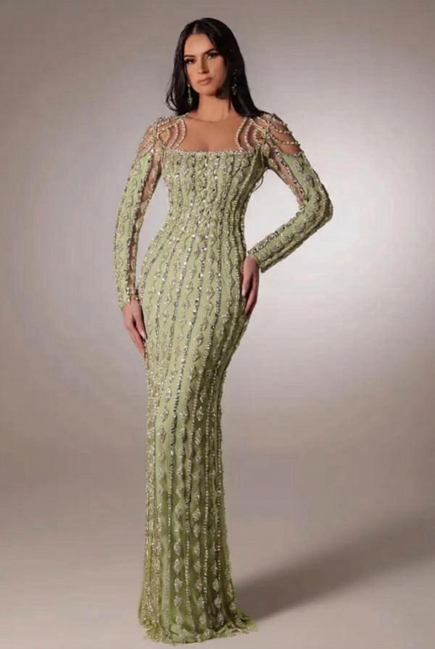 Sage scoop beaded bodycon evening dress