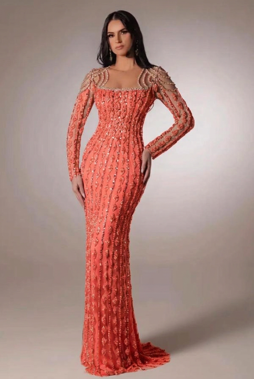 Coral scoop beaded bodycon evening dress
