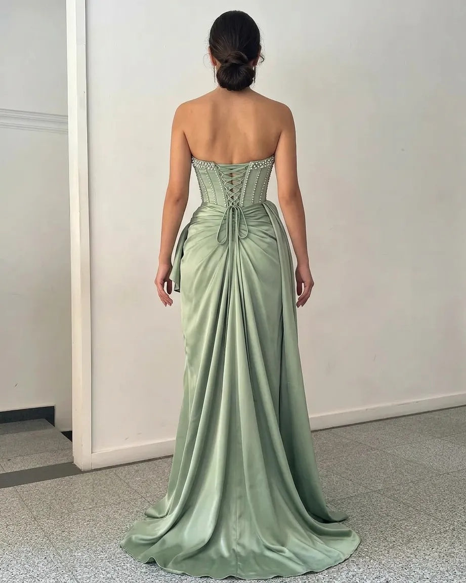 Sage Green Satin Mermaid Evening Dress Strapless Sweetheart Sheer Crystal Beaded Corset Draped Waist High Slit Formal Gown