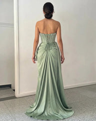 Sage Green Satin Mermaid Evening Dress Strapless Sweetheart Sheer Crystal Beaded Corset Draped Waist High Slit Formal Gown