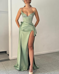 Sage Green Satin Mermaid Evening Dress Strapless Sweetheart Sheer Crystal Beaded Corset Draped Waist High Slit Formal Gown