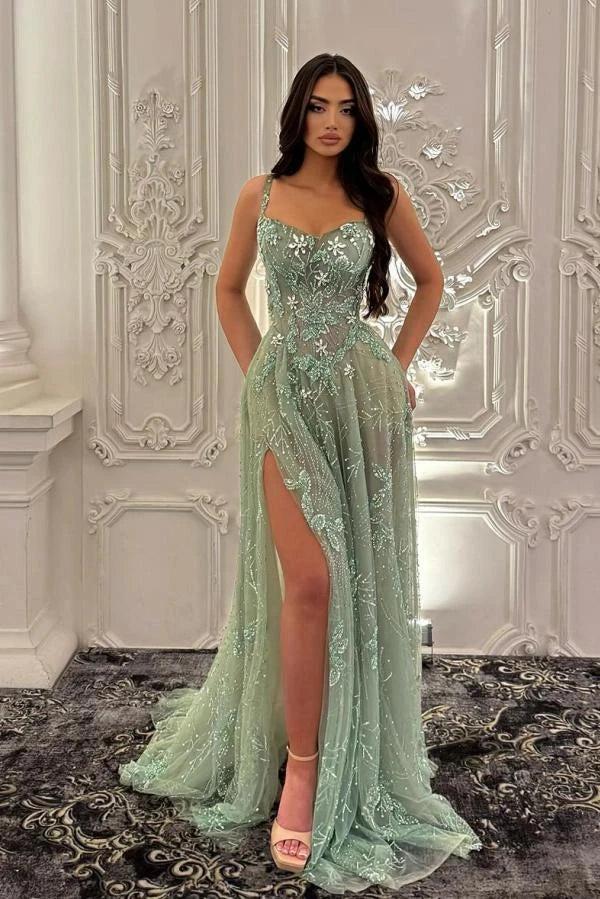Sage Green Sequin A-Line Evening Dress Spaghetti Straps Sweetheart Crystal Floral Beaded Thigh Slit Sweep Train Formal Gown