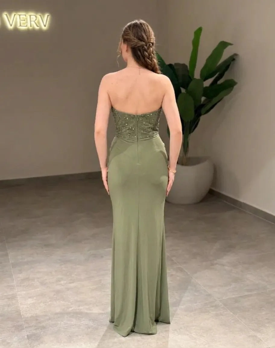 Sage Green Strapless Mermaid Formal Dress Beaded Corset Draped Twist Knot Open Back High Slit Evening Gown