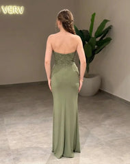 Sage Green Strapless Mermaid Formal Dress Beaded Corset Draped Twist Knot Open Back High Slit Evening Gown