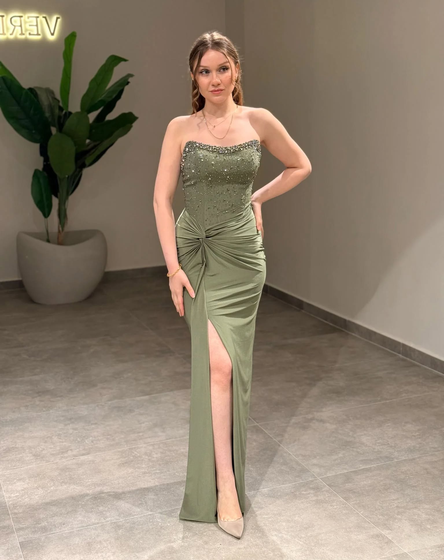 Sage Green Strapless Mermaid Formal Dress Beaded Corset Draped Twist Knot Open Back High Slit Evening Gown