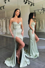 Sage Green Strapless Sweetheart Button Satin Mermaid Slit Floor Length Formal Evening Gown