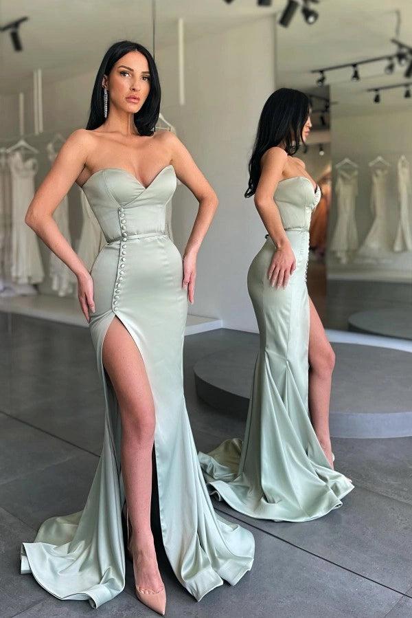 Sage Green Strapless Sweetheart Button Satin Mermaid Slit Floor Length Formal Evening Gown