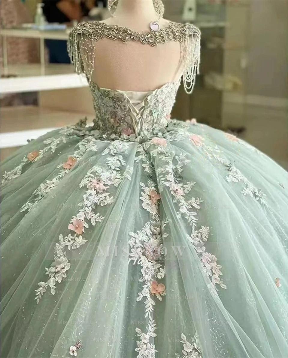 Sage Green Sweetheart Cap Sleeve 3D Floral Applique Beaded Ball Gown Quinceanera Dress