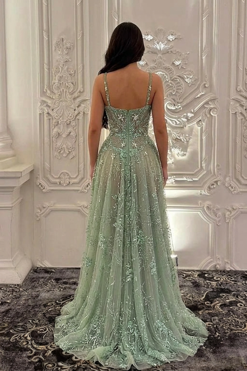 Sage Green Sweetheart Sleeveless Applique Beaded A-Line Floor Length Formal Evening Dress